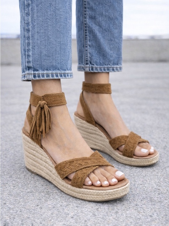 Minnetonka Shoes - Minnetonka Tan Suede Espadrille Wedges